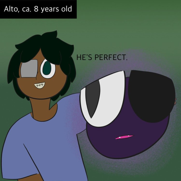 A drawing of Alto, a dark-skinned child with dark green hair and a gray eyepatch over one eye. His arm is around a Gastly, which also has an eye missing. He's saying"He's perfect!" to someone off-camera. Text in the upper left corner reads "Alto, ca. 8 years old"