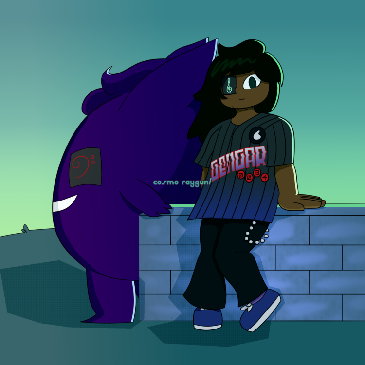 A picture of Alto and his Gengar leaning against a short wall in a field at morning. Alto is a young adult in this picture, and is wearing a Gengar shirt from Hot Topic, alogn with black pants eith a chain and blue sneakers. His hair is longer, and his eyepatch is a darker gray, with a light green treble clef embroidered on it. His Gengar wears a matching one with a reddish-pink bass clef on it.
