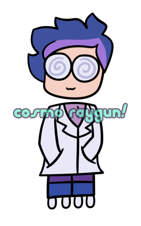 A small drawing of Kerberos. They're a pale-skinned scientist with swirly glasses and messy blue hair with a purple streak in the front. They're wearing a pink shirt and darker purple pants underneath their labcoat, and blue roller skates.