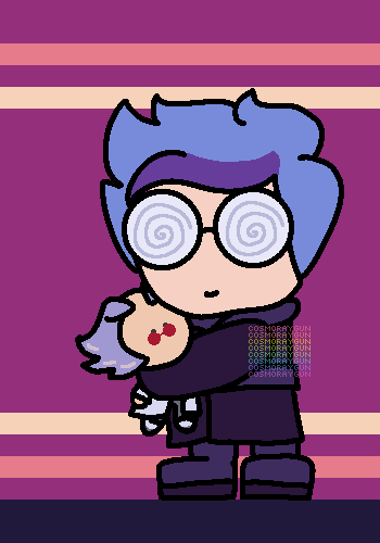 A drawing of Kerberos holding a small plushie of Charon. They're wearing a long coat and boots in various shades of purple. Their hair color has changed to a lighter blue with a darker purple streak. The background consists of pink, yellow, and purple stripes of varying sizes.