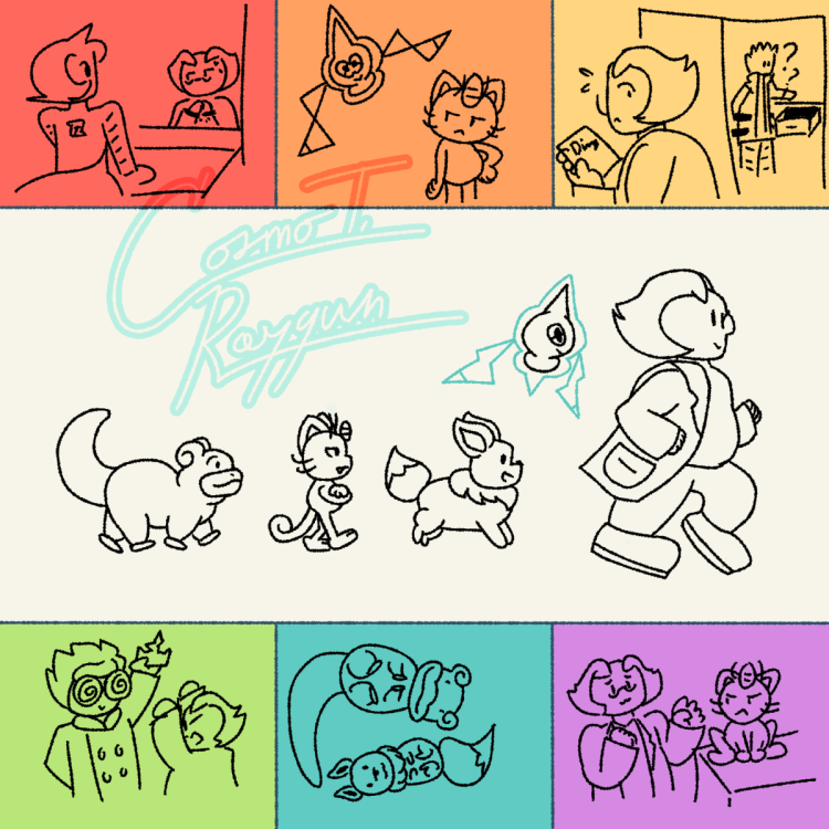 Various drawings of Charon with a team of Rotom, Slowpoke, Alolan Meowth, and Eevee. Along the stop and bottom are six drawings, with backgrounds in rainbow colors. The top and bottom doodles feature the aforementioned Pokemon, along with Charon attempting to pet the Meowth, as well as interacting with Mars, Cyrus, and Kerberos.